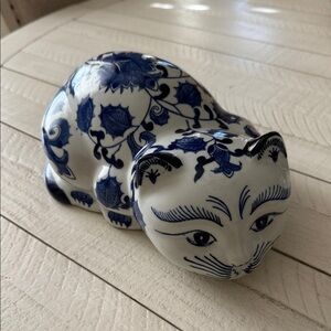 Blue and White Ceramic Cat Figurine